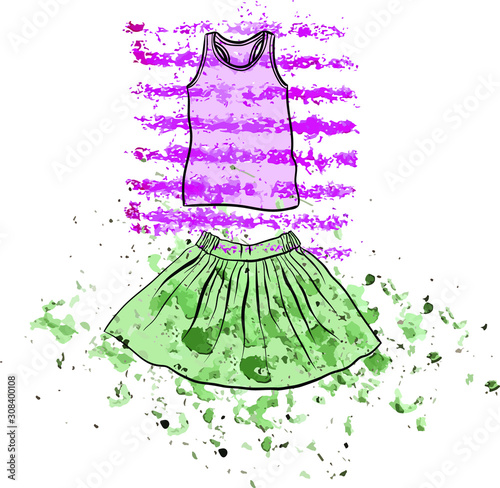 Children's clothing set. Pink tank-top and green skirt.