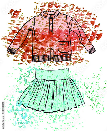 Children's clothing set. Red cardigan and mint skirt.