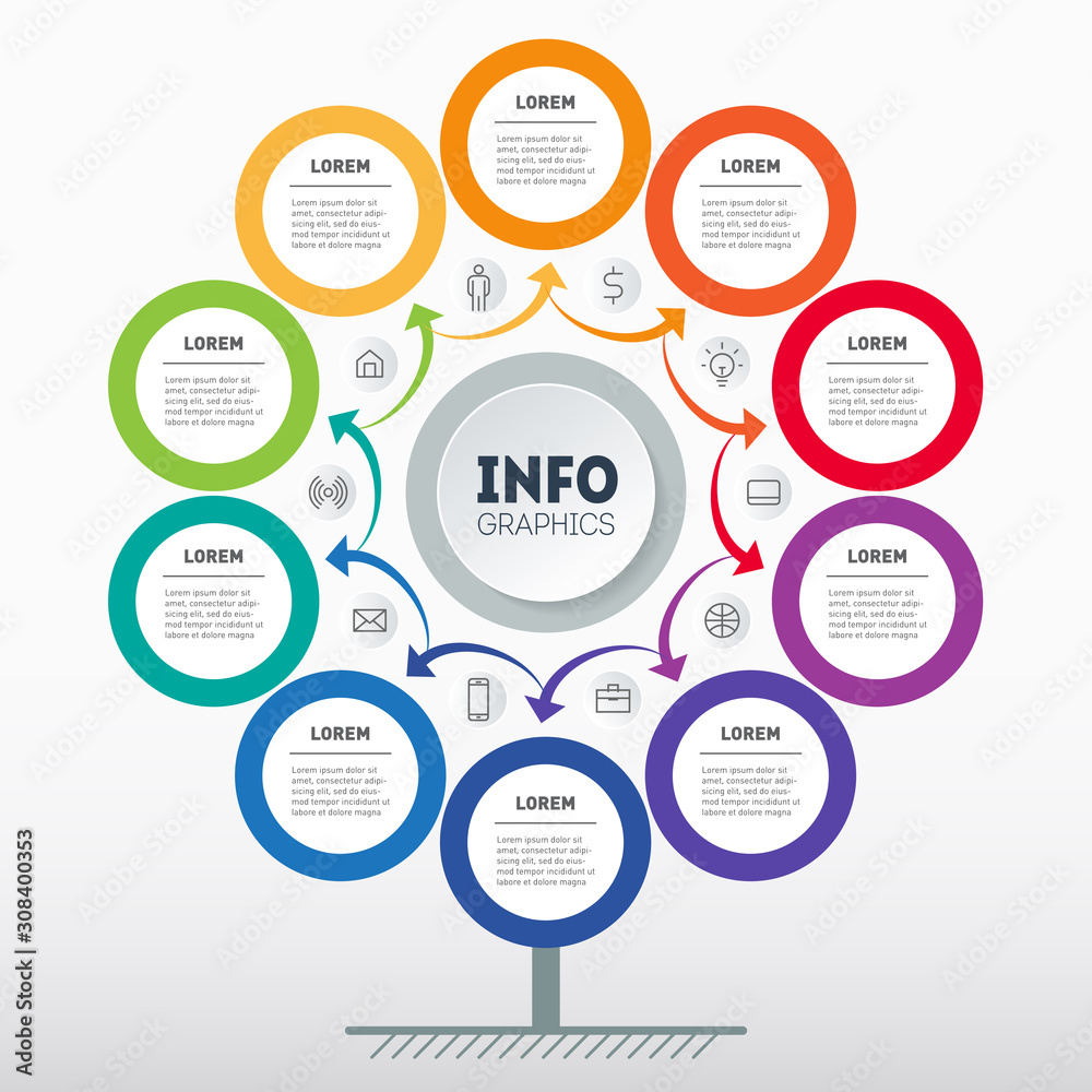Business presentation or infographics with 10 options and icons. Template of tree, chart or diagram. Info graphic of technology or education process with ten steps. Full technological cycle. Business presentation or infographics with 10 options and icons. Template of tree, chart or diagram. Info graphic of technology or education process with ten steps. Full technological cycle.