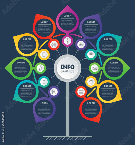 Business presentation or info graphics concept with 11 steps. Template of development tree. Infographic of technology or education process with options. Annual report is segmented into eleven parts.