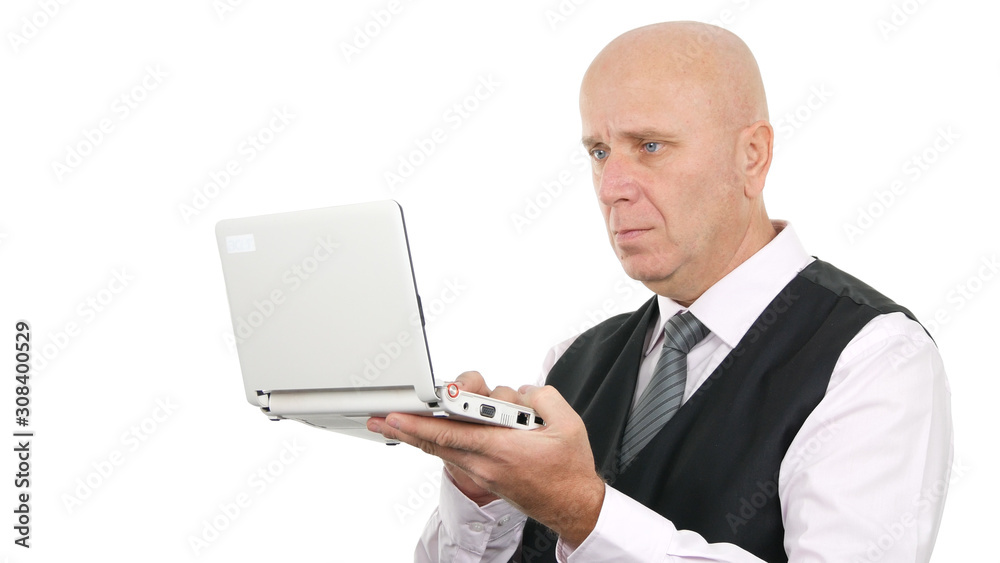 Confident Businessman Image Reading News Using Laptop Internet Connection Confident Businessman Image Reading News Using Laptop Internet Connection