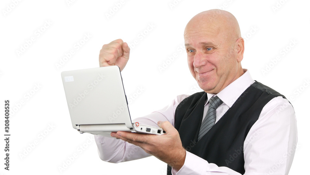 Businessman Smile and Read Good News on Laptop Making Happy Gestures Businessman Smile and Read Good News on Laptop Making Happy Gestures
