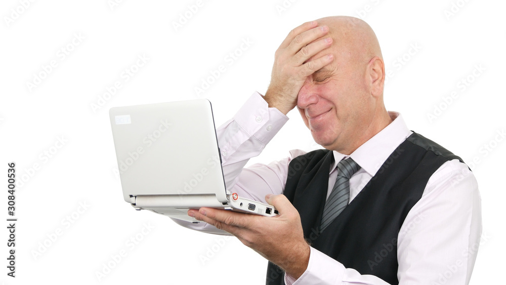 Businessman Smile and Read Good News on Laptop Making Happy Gestures Businessman Smile and Read Good News on Laptop Making Happy Gestures