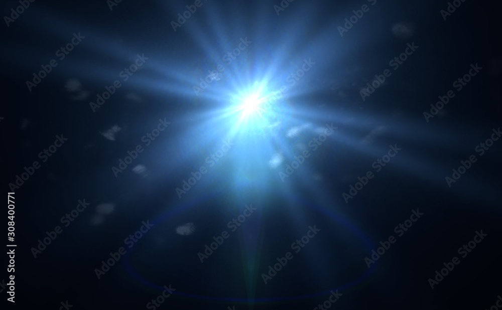 bright blue lens flare with bokeh effects, overlay texture in front of a black background, golden format