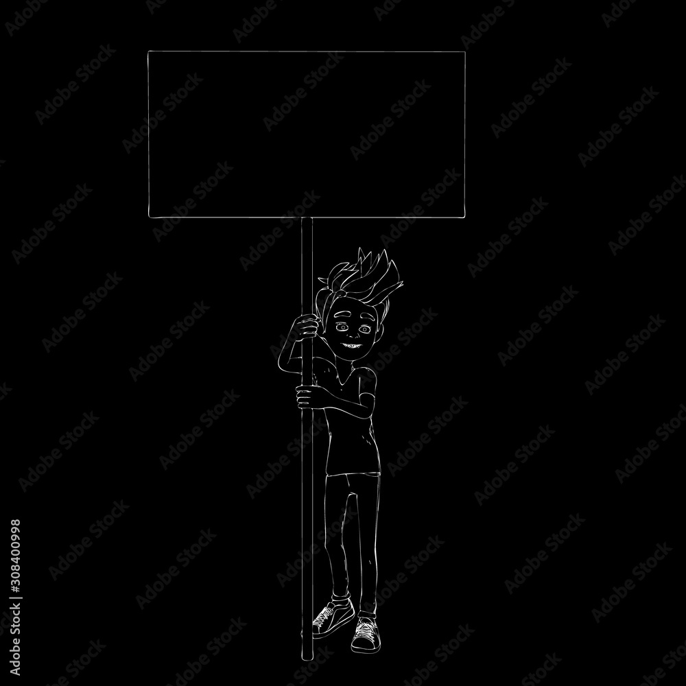 Cartoon character boy showing blank board. Vector outline illustration.