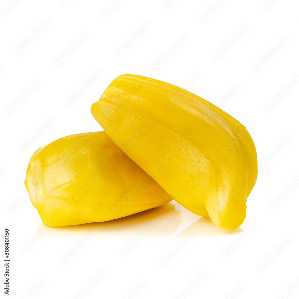 Fresh ripe jackfruit or sweet yellow jackfruit ripe, Kerala Jackfruit (Artocarpus heterophyllus) isolated on white background. Tropical Thai fruit.