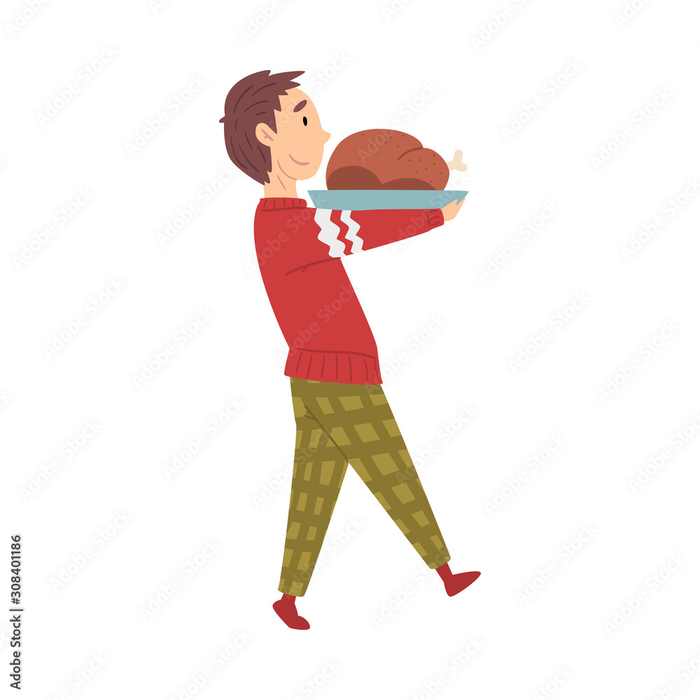 Cute Boy Carrying Delicious Roast Turkey, Christmas Eve, New Year Celebration Vector Illustration Cute Boy Carrying Delicious Roast Turkey, Christmas Eve, New Year Celebration Vector Illustration