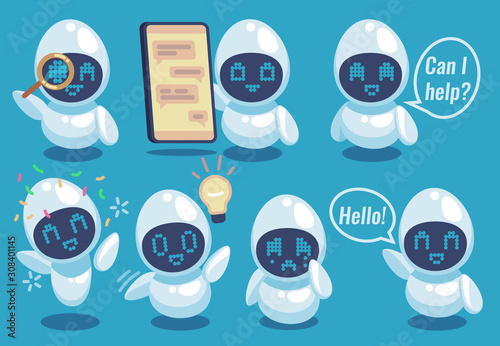 Chatbots. Friendly robot online helper, artificial intelligence communication service. Sms chatting, call center assistant bot vector set
