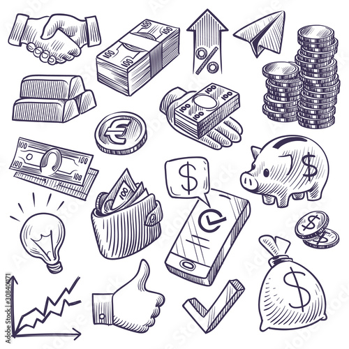 Money and banking sketch. Dollar banknotes and coins, piggy bank and business chart, gold bar and handshake symbols. Investment doodle vector set