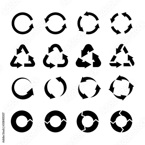 Recycling icons. Black circle arrows environmental labels. Bio garbage, biodegradable waste and reuse trash, ecology pictograms vector set