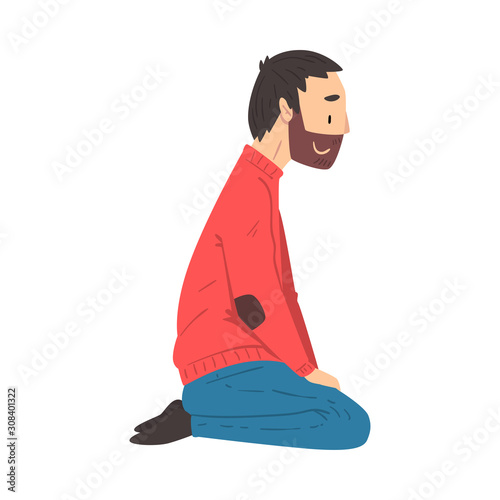 Bearded Young Man Wearing Red Sweater Kneeling, Side View Vector Illustration