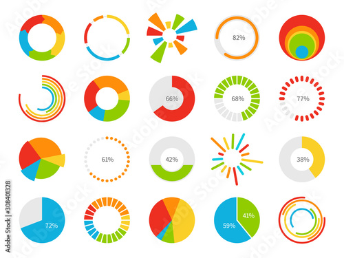 Pie charts. Graphic segmentation information circles, percentage statistic market, circular diagram for financial ui infographic vector set