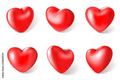 Red 3d hearts. Valentines Day love symbol, happy celebration romantic greeting decoration heart balloons realistic vector set