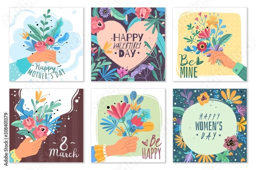 Valentines day bouquets. Mothers day holiday gift with flowers bunches, hands holding bouquets happy day romantic greeting vector cards