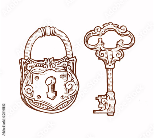 Cuadro en lienzo Ancient Key & padlock - Illustration