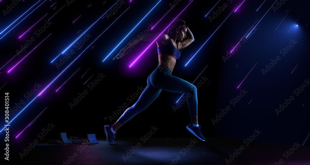 Sport backgrounds. Runner isolated on black. Dramatic magic scene with fallen neon stars.