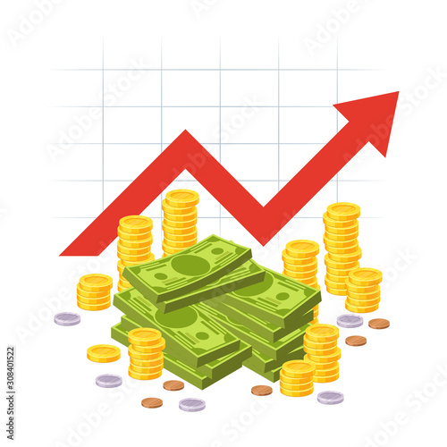 Cartoon savings value growth. Money profit with red rising up graph arrow and cash pile. Economic growth business investment vector concept