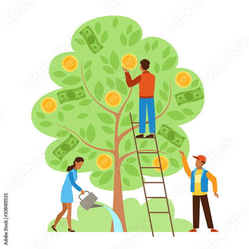 Money tree. Characters picking cash from money tree, income growing metaphor, investors strategy profitable startup business vector concept