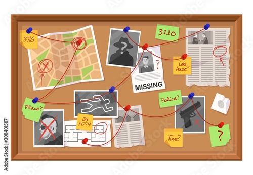 Investigation board. Crime evidence connections chart, pinned newspaper and photos. Research scheme on detective board vector concept