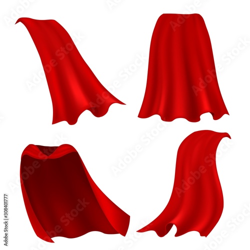 Red cape. Realistic draped scarlet cloak front, side and back view, silk mantle model clothing, carnival costume accessories vector set photo