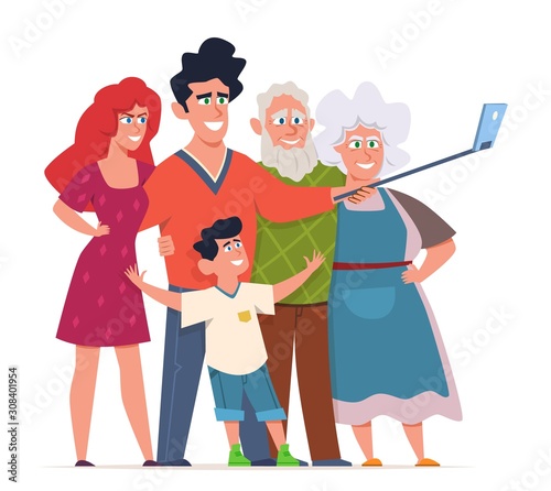 Family photo selfie. Group portrait three generations shooting. Grandparents, parents and children with phone and selfie stick vector concept