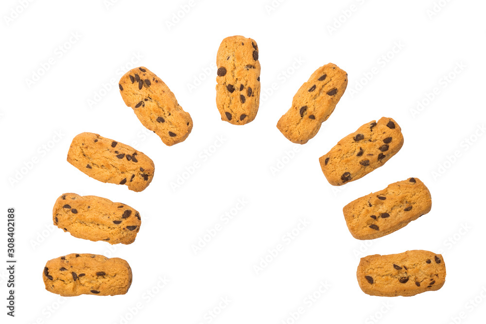 Chocolate chip cookies isolated on white background.