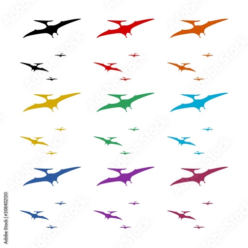 Pteranodon pterodactyl dinosaur flat color icon set isolated on white background