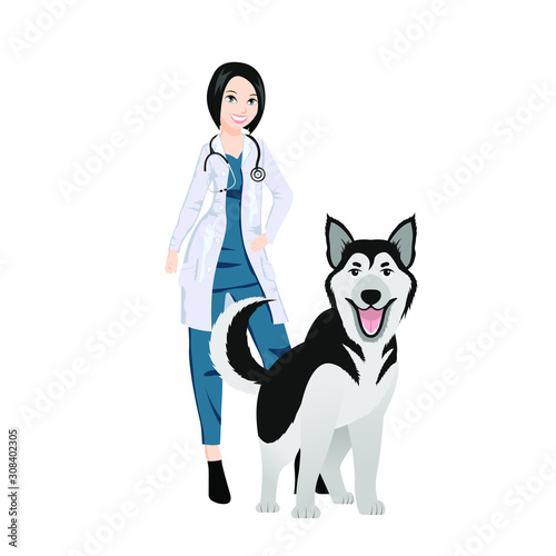 Smiling veterinarian woman next to the dog. The husky breed. The concept of treatment of Pets. Veterinary professional consultation.
