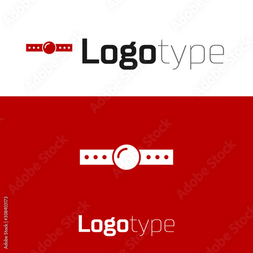 Red Silicone ball gag with a leather belt icon isolated on white background. Fetish accessory. Sex toy for men and woman. Logo design template element. Vector Illustration