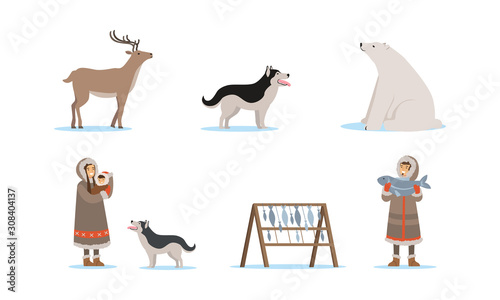 Wild North Arctic People and Animals Vector Illustrations Set