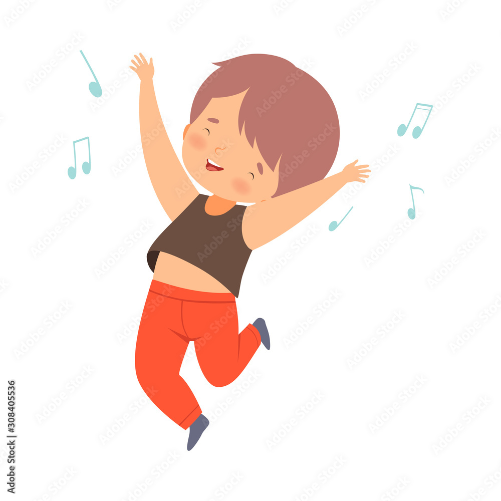 Cute Boy Dancing, Kid Having Fun and Enjoying Listening to Music Cartoon Vector Illustration