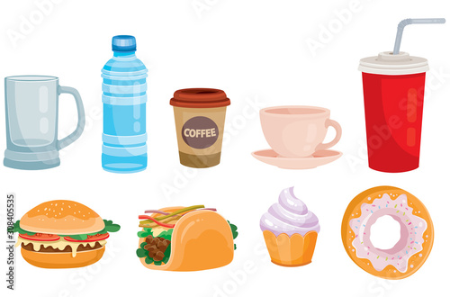 set of street food and drinks, coffee, hamburger, isolated object on a white background, vector illustration