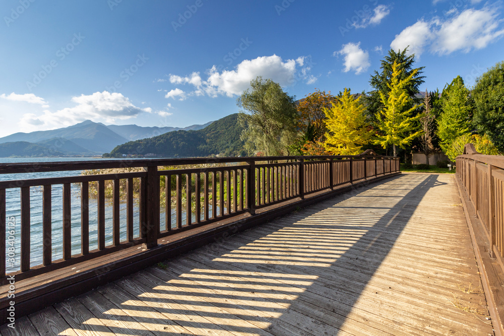 Wood bridge in Lake Kawaguchi Park, a famous sightseeing of mount Fuji, Japan.