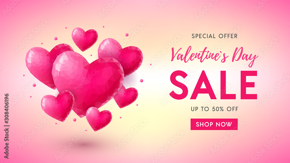 Valentines day sale banner concept with pink crystal hearts, text and button shop now on colorful gradient background. Low-poly origami style vector illustration for flyer, poster, discount, web