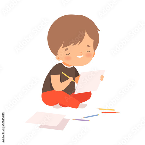 Cute Boy Sitting on the Floor and Drawing Picture with Colorful Pencils, Adorable Young Artist Cartoon Character, Kids Creative Hobby Vector Illustration