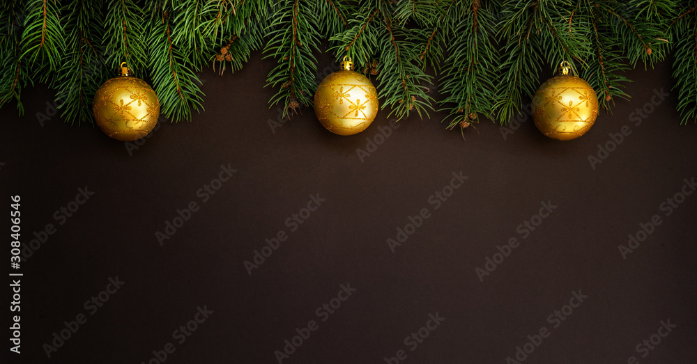 Christmas background with festive decoration. Branches of coniferous trees with gold decorations. Merry Christmas and Happy New Year. Flat lay, copy space for your text. Christmas background with festive decoration. Branches of coniferous trees with gold decorations. Merry Christmas and Happy New Year. Flat lay, copy space for your text.