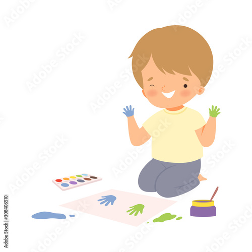 Cute Boy Sitting on the Floor Painting with Colorful Handprints, Adorable Young Artist Cartoon Character, Kids Creative Hobby Vector Illustration