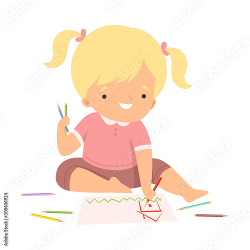 Cute Blonde Girl Sitting on the Floor and Drawing Picture with Colorful Pencils, Adorable Young Artist Cartoon Character, Kids Creative Hobby Vector Illustration
