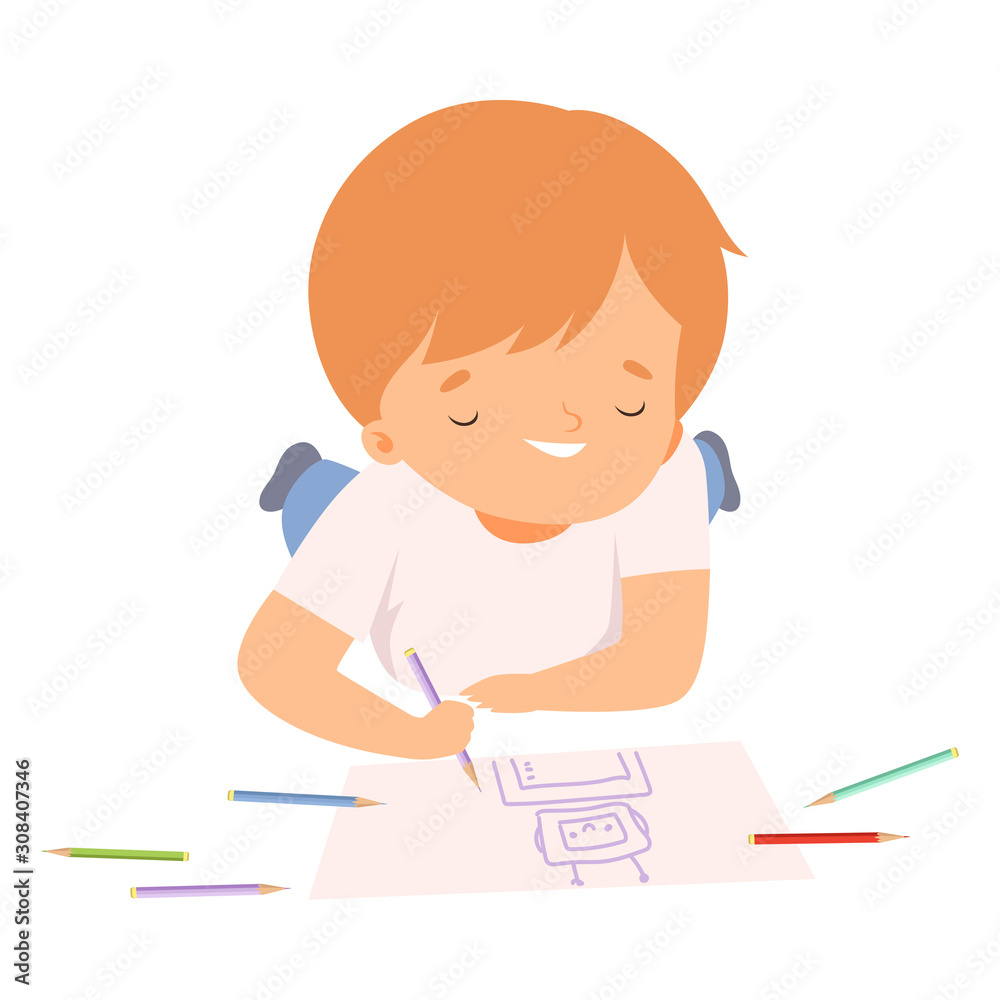 Smiling Boy Lying on his Stomach and Drawing Picture with Colorful Pencils, Cute Young Artist Cartoon Character, Kids Creative Hobby Vector Illustration Smiling Boy Lying on his Stomach and Drawing Picture with Colorful Pencils, Cute Young Artist Cartoon Character, Kids Creative Hobby Vector Illustration