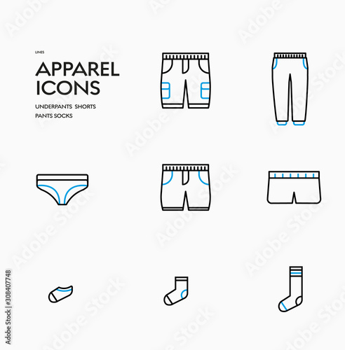 Vector icon templates of clothing shorts, pants, socks and underpants. Set with blue elements.