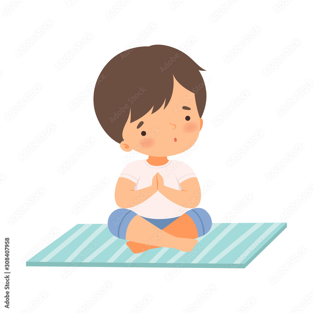 Cute Boy Sitting in Lotus Position, Adorable Kid Practicing Yoga, Active Healthy Lifestyle Vector Illustration Cute Boy Sitting in Lotus Position, Adorable Kid Practicing Yoga, Active Healthy Lifestyle Vector Illustration
