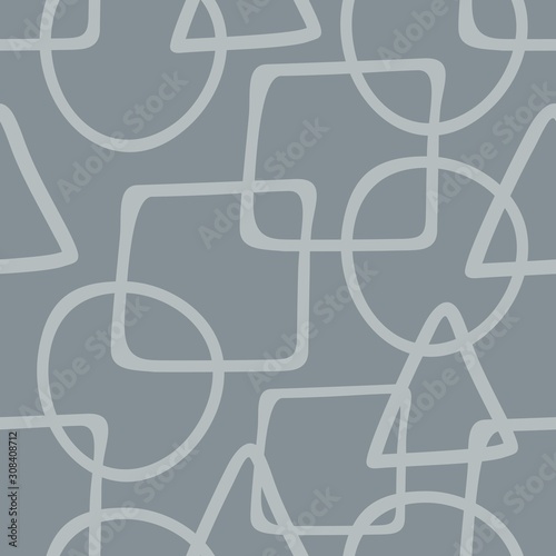 Gray circles, squares and triangles on a dark gray background. Abstract shapes seamless pattern. Hand drawn geometric vector illustration.