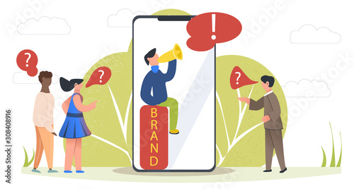 Key opinion leader. Influencer marketing. Leader sits on box. Man with megaphone.  Cartoon and flat style. Vector stock illustration. Branding.