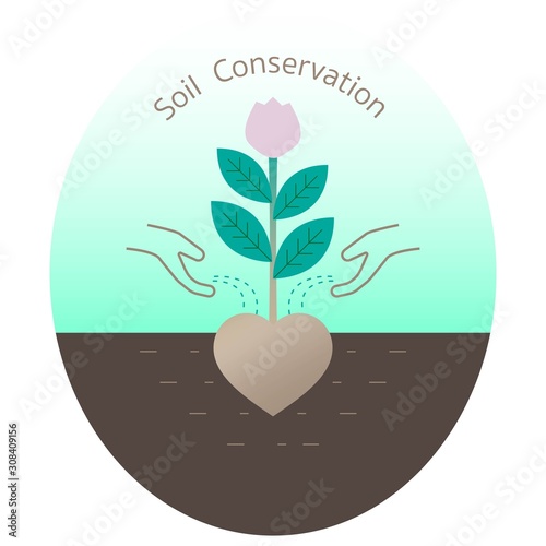 Growing tree with hand adding fertilizer. Soil conservation concept. Vector illustration outline flat design style.