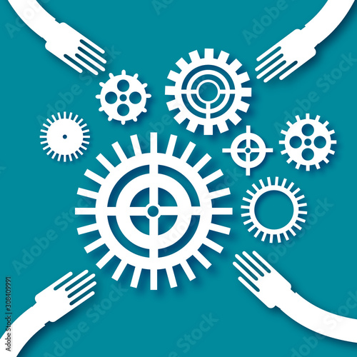 Teamwork design with gears and cogs working together in paper cut style. Origami Concept of a business idea. Teamwork. Strategy. Cooperation.