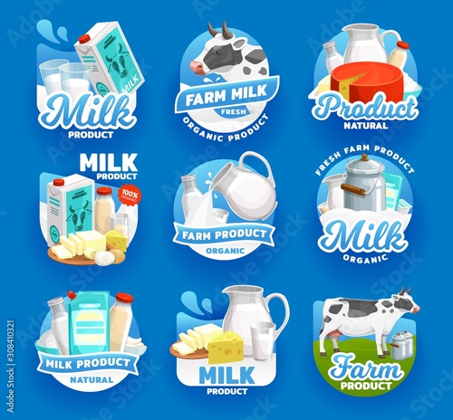 Milk and dairy food products vector icons. Natural organic dairy farm milk splash pouring in glass cup from jug, cheese and butter, company signs or package emblems