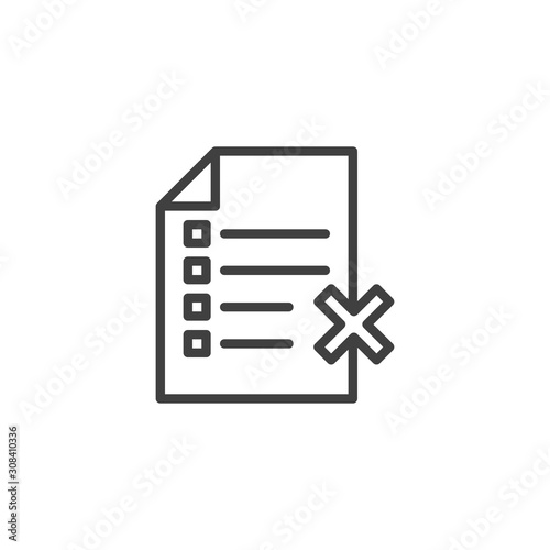 Reject document line icon. Delete file linear style sign for mobile concept and web design. Checklist with cross mark outline vector icon. Symbol, logo illustration. Vector graphics