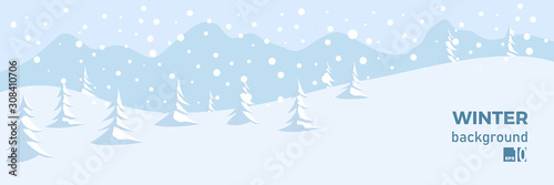 winter snow landscape background with fir trees. Illustration for poster, cover or advertising