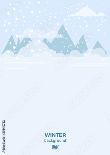 winter snow landscape banner background with mountains and clouds. Illustration for poster, cover or advertising