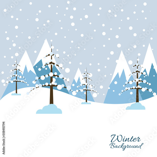 winter snow landscape background with fir trees. Illustration for poster, cover or advertising